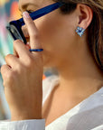 Blue Rhodium, Blue Sapphire & White Diamond Folha Earrings