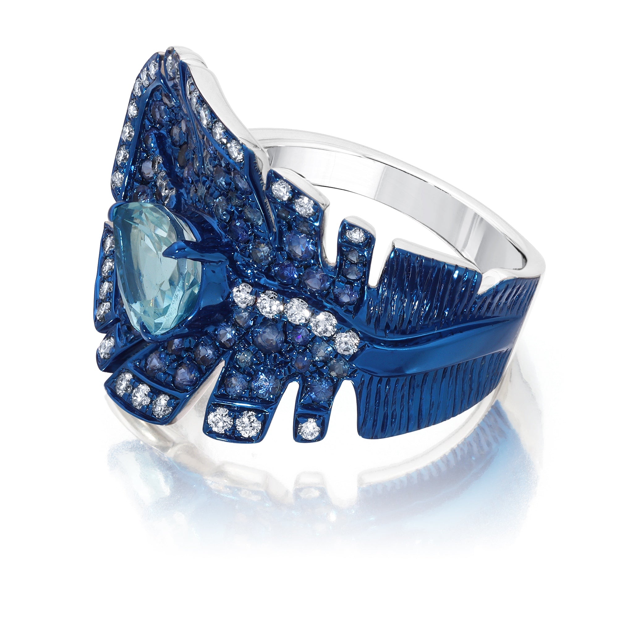 Aquamarine &amp; Blue Sapphire Folha Ring