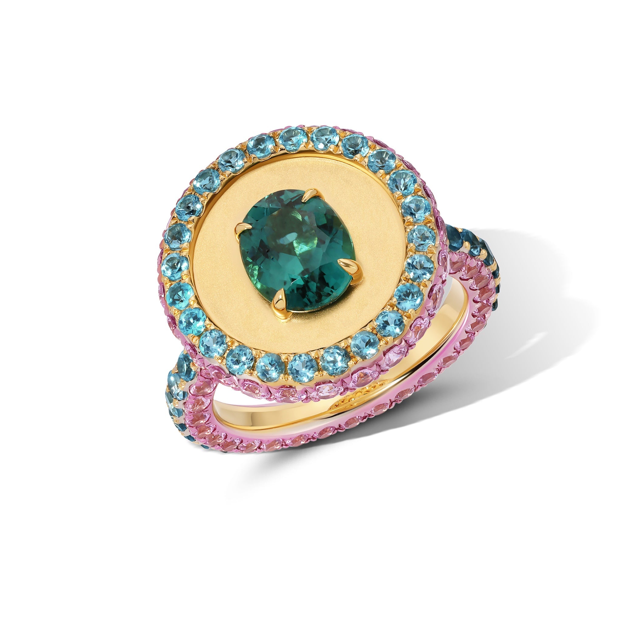 Indicolite Tourmaline Amulet Ring with yellow gold band including a central tourmaline, surrounded by indicolite and pink sapphires set in a circular arrangement.