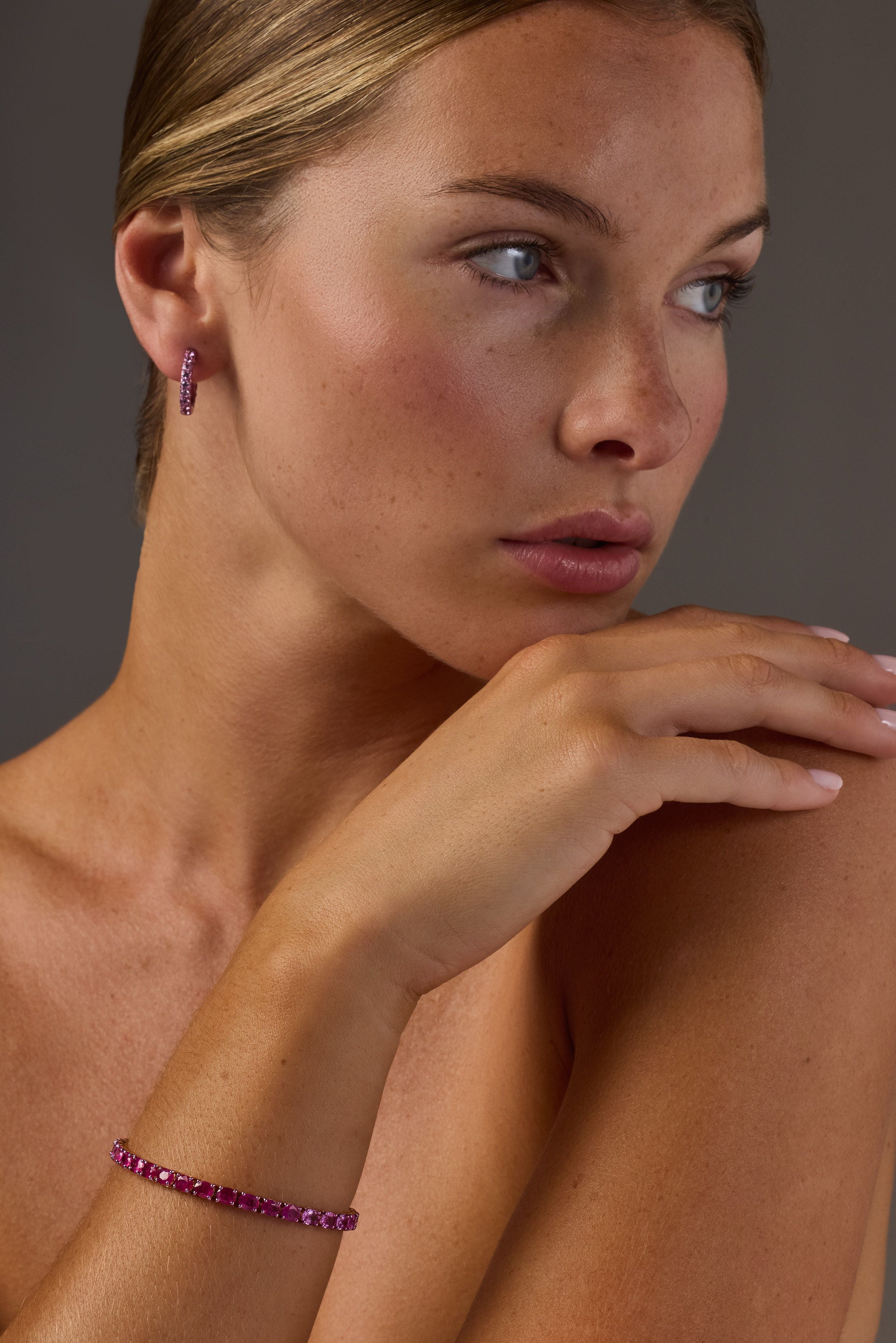 Pink Sapphire &amp; Pink Rhodium 3 Sided Hoops