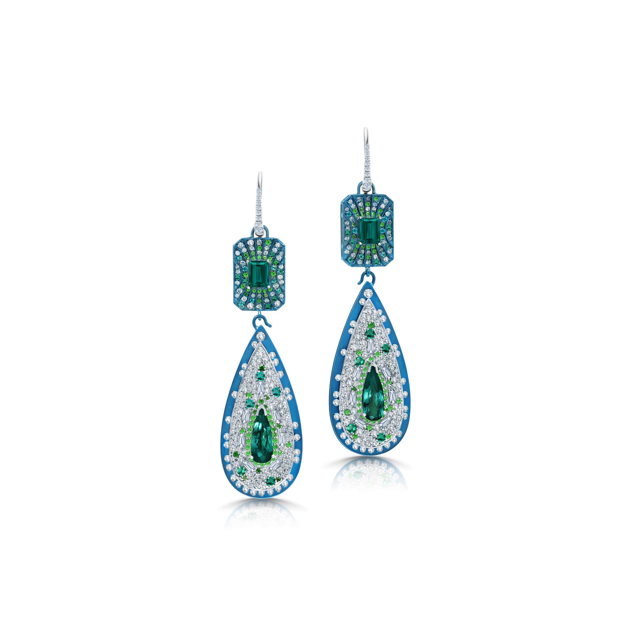 Beautiful Graziela Gems Indicolite Tourmaline & Diamond Titanium Earrings