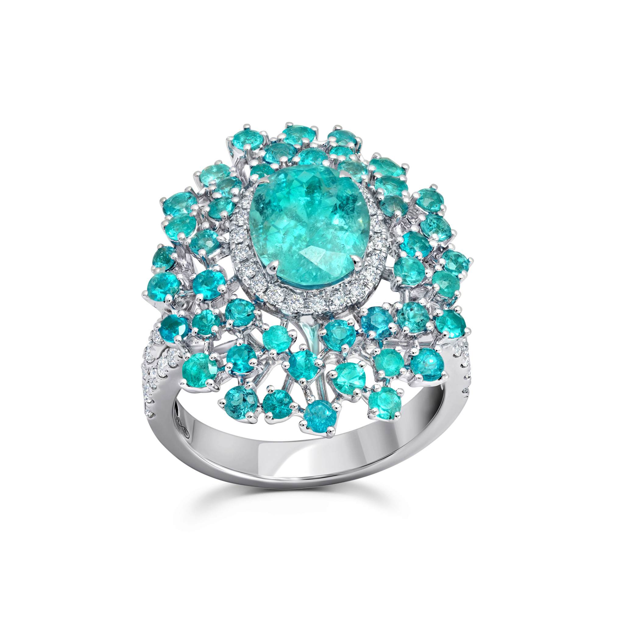 Paraiba obsession ring with micropavé-encrusted band and dazzling diamond details