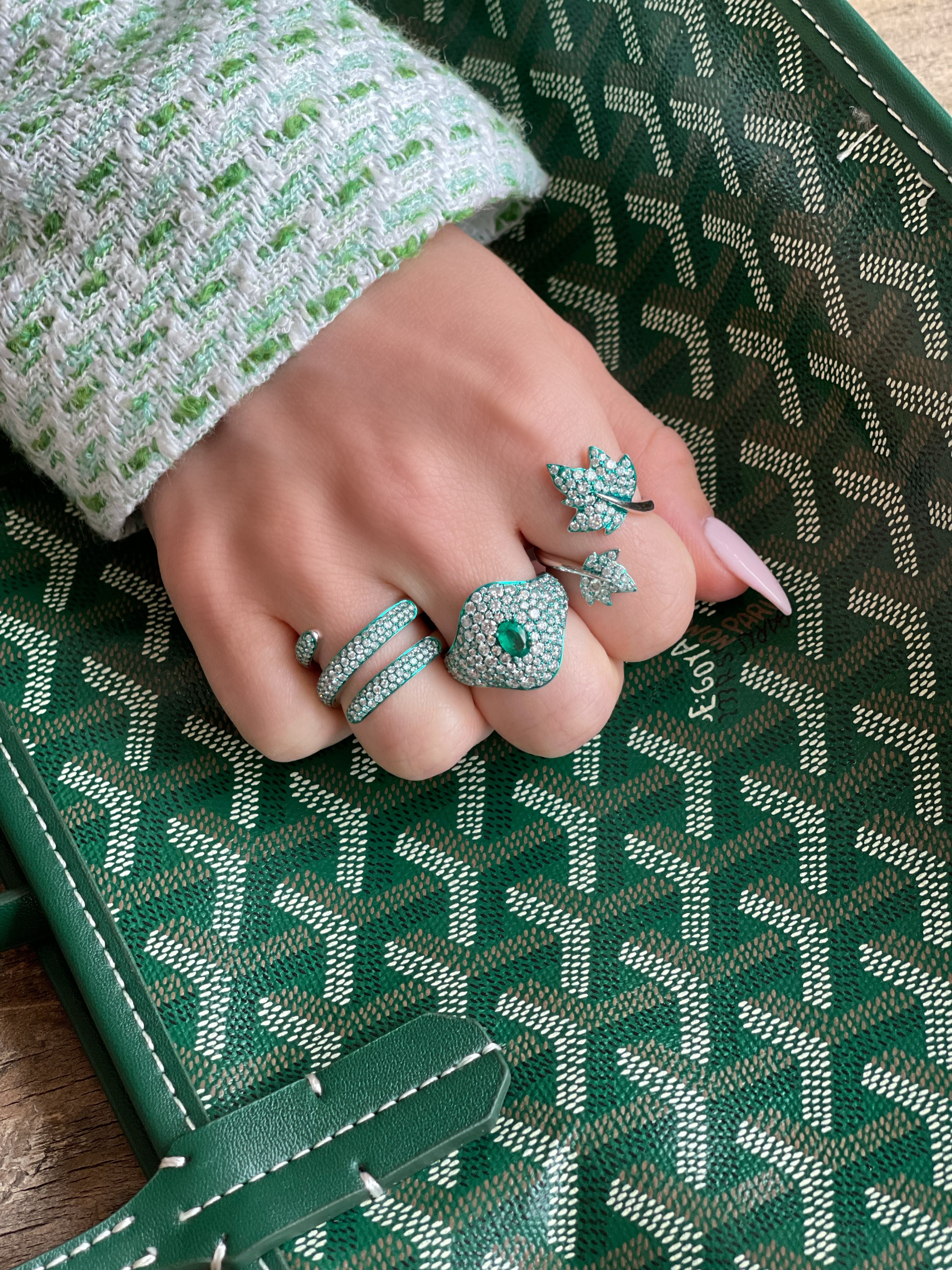Green Rhodium, Emerald &amp; Diamond Ring