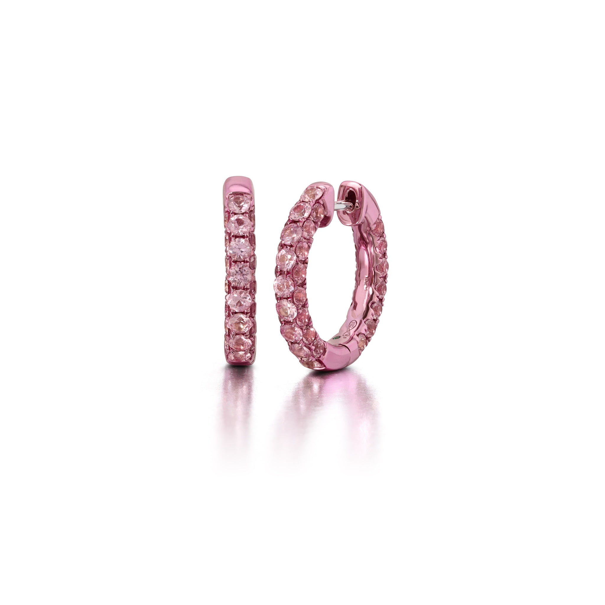 Pair of pink sapphire and pink rhodium three-sided earrings