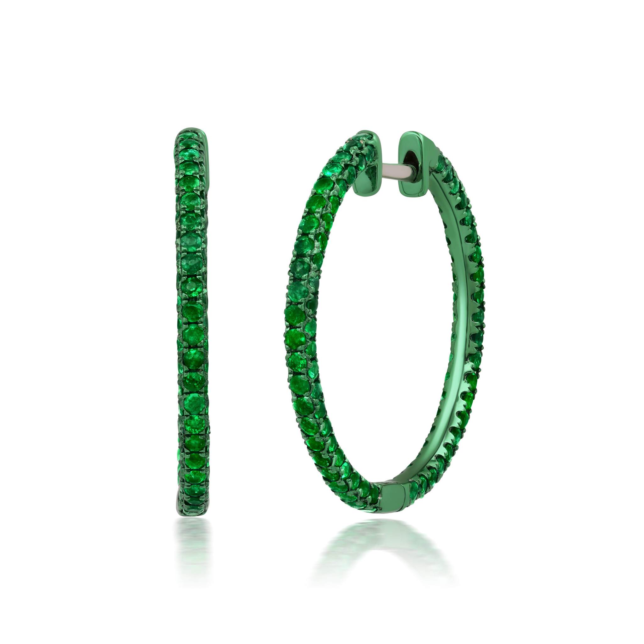Graziela Gems - 1" Emerald Color Rhodium 3 Sided Hoop Earrings - 